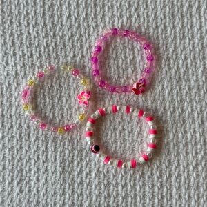 Handmade Pink Glass Clay Beaded Flower Evil Eye 3 Stretch Bracelet Set